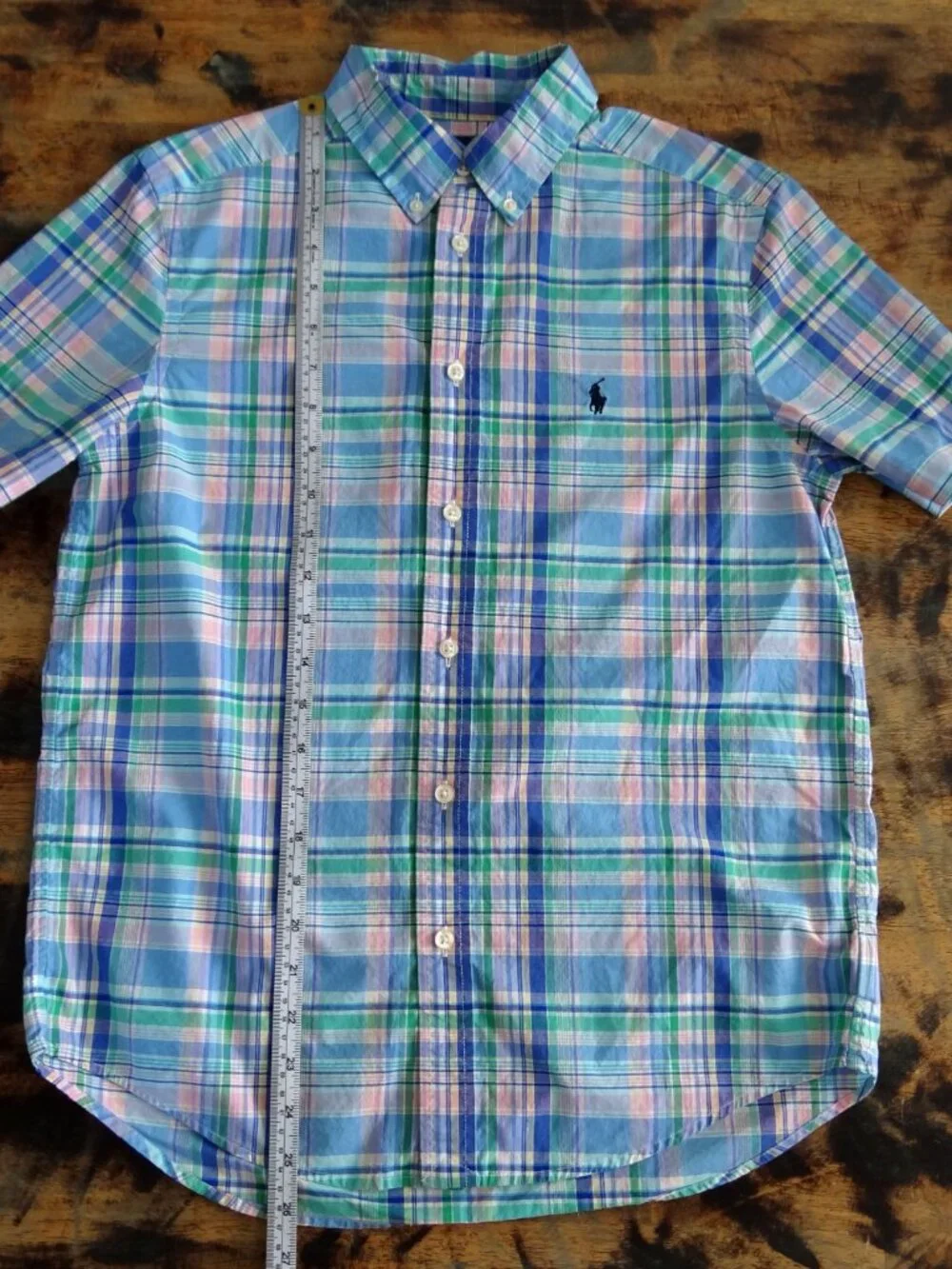 Ralph Lauren Boy's L 14-16 Plaid Short Sleeve Button Down Shirt Blue Green Pink